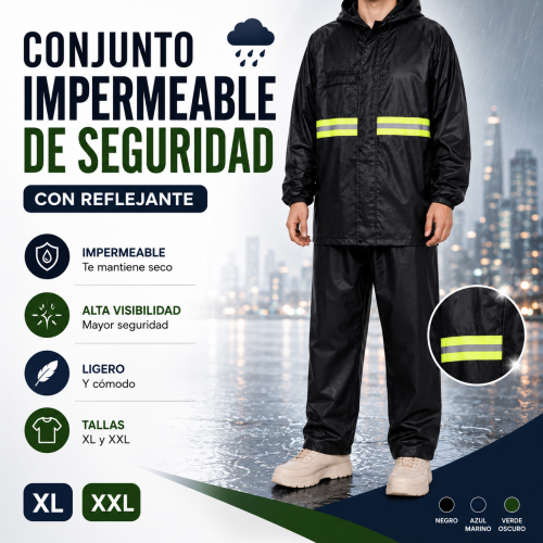 Conjunto impermeable de seguridad con chamarra, pantalón y franjas reflejantes. Tallas XL y XXL. Colores variados. Venta por mayoreo