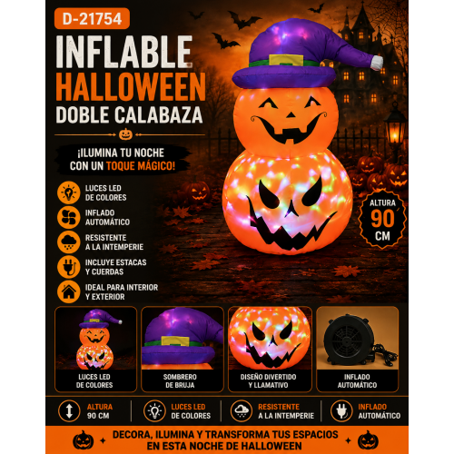 Inflable Halloween Doble Calabaza con Luces LED de Colores 90 cm D-21754