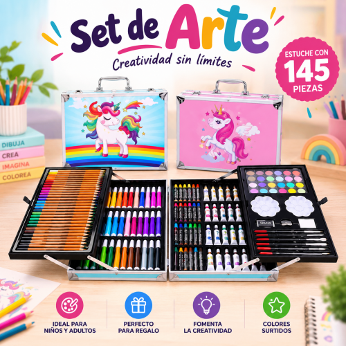 Set de arte de 145 piezas con estuche de aluminio, ideal para dibujo, coloreado y actividades creativas. Práctico, completo y por mayoreo.