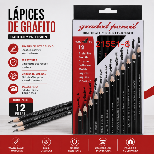 Set de lápices de grafito código 21551-8 con 12 piezas en diferentes graduaciones, presentación en caja y diseño negro. Venta por mayoreo Set de lápices de grafito código 21551-8 con 12 piezas en diferentes graduaciones, presentación en caja y diseño negro. Venta por mayoreo