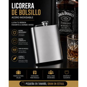 Petaca portátil con diseño delgado y elegante, ideal para transportar pequeñas cantidades de bebidas de forma práctica y discreta. Su estructura compacta permite llevarla fácilmente en el bolsillo, mochila o bolso.