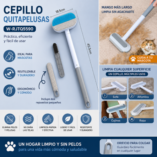 Cepillo quitapelusas modelo W-RJTQ5590 con mango largo, cabezal rectangular y repuestos pequeños visibles para limpieza de pelos y pelusas. Venta por mayoreo Cepillo quitapelusas modelo W-RJTQ5590 con mango largo, cabezal rectangular y repuestos pequeños visibles para limpieza de pelos y pelusas. Venta por mayoreo