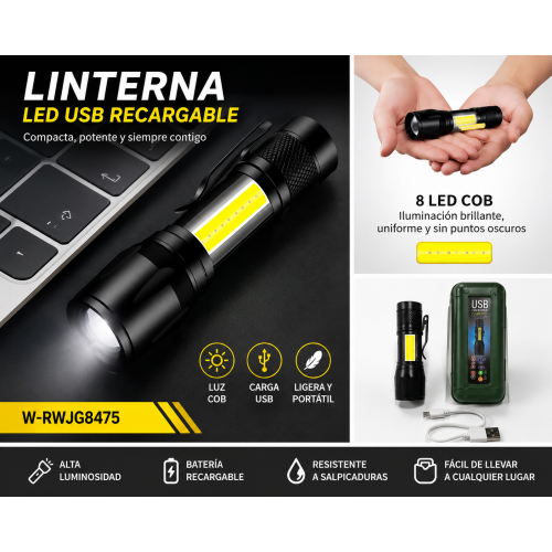 Linterna recargable USB modelo W-RWJG8475 con cuerpo negro compacto, luz lateral COB y estuche visible para presentación. Linterna recargable USB modelo W-RWJG8475 con cuerpo negro compacto, luz lateral COB y estuche visible para presentación.