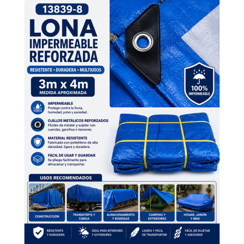 Lona impermeable azul de 3 × 4 m con ojillos metálicos reforzados. Ideal para cubrir mercancía, muebles, materiales y diferentes espacios.
