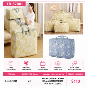 Bolsa organizadora de gran capacidad, ideal para guardar ropa, cobijas, edredones, colchas, juguetes o artículos del hogar. Su diseño con asas facilita el transporte y ayuda a mantener todo ordenado y protegido.