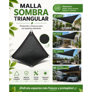 Malla triangular diseñada para crear espacios con sombra en patios, jardines, terrazas, balcones y cocheras. Su tejido permite reducir la exposición directa al sol y mantener las áreas exteriores más frescas.