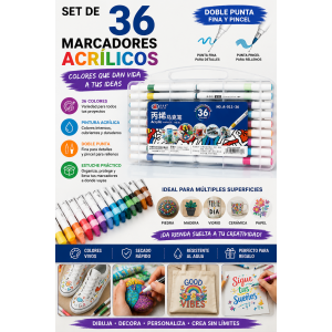 Práctico set de 36 marcadores acrílicos con colores variados, ideales para decorar, dibujar y personalizar diferentes superficies. Su estuche transparente permite mantenerlos organizados y transportarlos fácilmente.