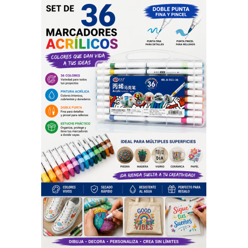 Práctico set de 36 marcadores acrílicos con colores variados, ideales para decorar, dibujar y personalizar diferentes superficies. Su estuche transparente permite mantenerlos organizados y transportarlos fácilmente.