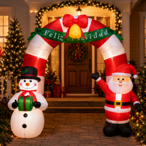 Decora entradas, jardines y eventos con este arco navideño inflable acompañado de Santa Claus y un muñeco de nieve. Ideal para crear un ambiente festivo y llamativo.