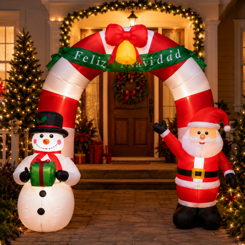 Decora entradas, jardines y eventos con este arco navideño inflable acompañado de Santa Claus y un muñeco de nieve. Ideal para crear un ambiente festivo y llamativo. Decora entradas, jardines y eventos con este arco navideño inflable acompañado de Santa Claus y un muñeco de nieve. Ideal para crear un ambiente festivo y llamativo.