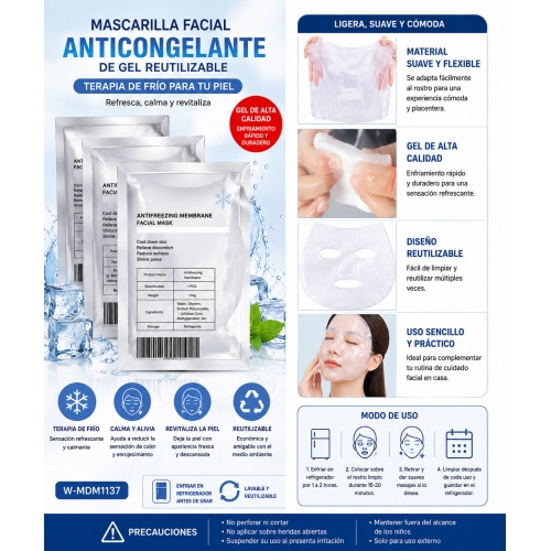 Mascarilla facial de gel reutilizable para terapia de frío. Ayuda a refrescar la piel, aliviar la sensación de calor y complementar rutinas de cuidado facial. Fácil de usar y reutilizable. Mascarilla facial de gel reutilizable para terapia de frío. Ayuda a refrescar la piel, aliviar la sensación de calor y complementar rutinas de cuidado facial. Fácil de usar y reutilizable.