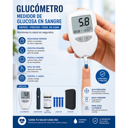 Glucómetro digital portátil con pantalla LCD, resultados rápidos y diseño compacto. Ideal para el monitoreo diario de la glucosa en sangre.