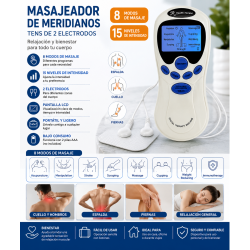 Disfruta de una sensación de relajación con este masajeador digital de meridianos TENS de 2 electrodos. Cuenta con múltiples modos de masaje y diferentes niveles de intensidad para adaptarse a tus preferencias. Disfruta de una sensación de relajación con este masajeador digital de meridianos TENS de 2 electrodos. Cuenta con múltiples modos de masaje y diferentes niveles de intensidad para adaptarse a tus preferencias.