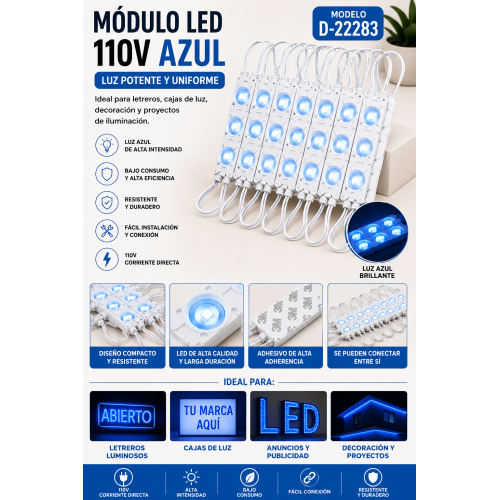 Módulo LED Azul 110 V de Alta Intensidad D-22283 | Iluminación para Letreros Módulo LED Azul 110 V de Alta Intensidad D-22283 | Iluminación para Letreros