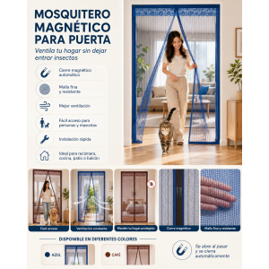 Cortina de malla diseñada para impedir la entrada de mosquitos, moscas y otros insectos, permitiendo al mismo tiempo el paso del aire. Su sistema magnético central se abre fácilmente al pasar y se cierra automáticamente.