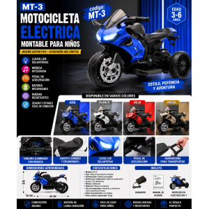 Motocicleta Eléctrica Montable para Niños Tipo Deportiva con Luces LED y Música MT-3