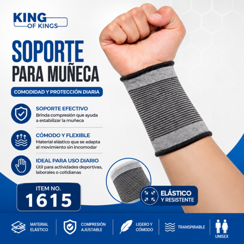 Soporte para muñeca modelo 1615 en color gris con líneas negras, diseño elástico tipo manga para compresión y uso diario. Venta por mayoreo