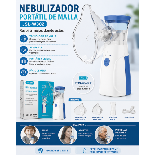 Nebulizador portátil JSL-W302 con tecnología de malla, compacto, silencioso y fácil de transportar. Ideal para uso en casa o durante viajes.