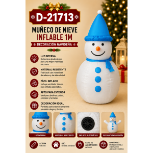 Decora tu hogar con este muñeco de nieve inflable de 1 metro. Incluye luz interna, ventilador automático, cable, estacas y cuerdas para interior o exterior.