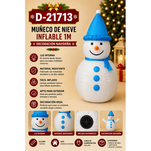 Decora tu hogar con este muñeco de nieve inflable de 1 metro. Incluye luz interna, ventilador automático, cable, estacas y cuerdas para interior o exterior. Decora tu hogar con este muñeco de nieve inflable de 1 metro. Incluye luz interna, ventilador automático, cable, estacas y cuerdas para interior o exterior.