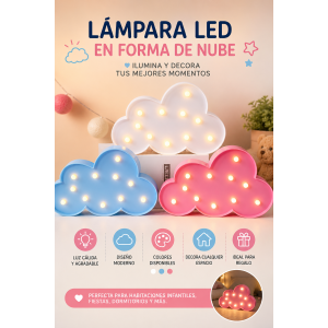 Lámpara con diseño de nube e iluminación LED cálida, ideal para decorar habitaciones infantiles, mesas de noche, fiestas y espacios especiales.
