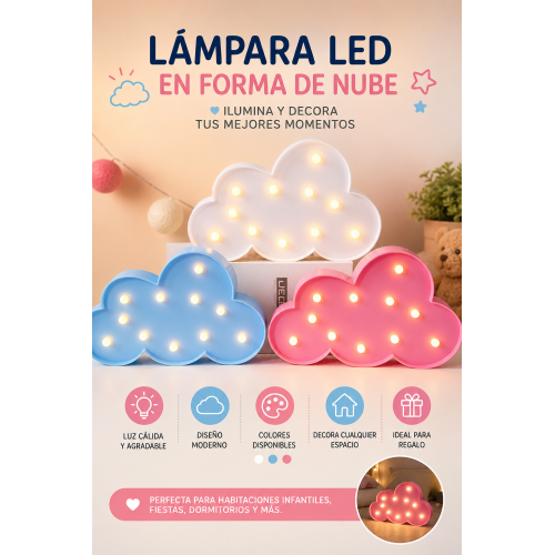 Lámpara con diseño de nube e iluminación LED cálida, ideal para decorar habitaciones infantiles, mesas de noche, fiestas y espacios especiales. Lámpara con diseño de nube e iluminación LED cálida, ideal para decorar habitaciones infantiles, mesas de noche, fiestas y espacios especiales.