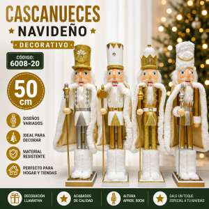 Figura de cascanueces con elegantes acabados en tonos blanco, dorado y plateado. Ideal para decorar hogares, tiendas, aparadores, recepciones y eventos durante la temporada navideña.