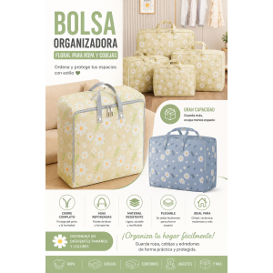 Bolsa de gran capacidad ideal para guardar cobijas, edredones, ropa de temporada, juguetes y otros artículos del hogar. Su diseño floral ayuda a mantener los espacios ordenados y protegidos del polvo.
