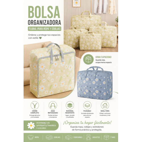 Bolsa de gran capacidad ideal para guardar cobijas, edredones, ropa de temporada, juguetes y otros artículos del hogar. Su diseño floral ayuda a mantener los espacios ordenados y protegidos del polvo.