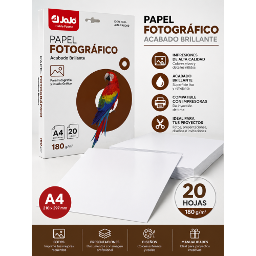 Papel fotográfico con acabado brillante, ideal para imprimir fotografías, diseños, presentaciones, invitaciones y trabajos escolares con colores definidos y buena calidad visual.