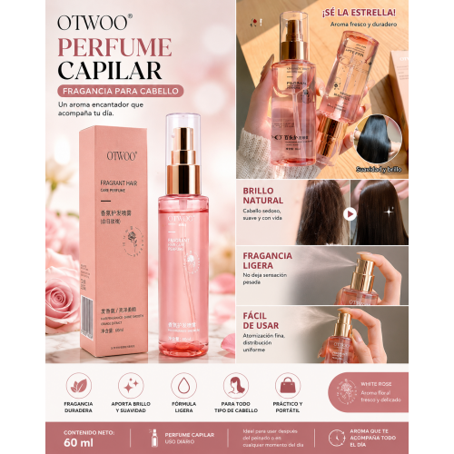 Perfume capilar OTWOO de 60 ml con fragancia ligera y duradera. Ayuda a refrescar el cabello, aportar una sensación de suavidad y dejar un agradable aroma durante el día. Perfume capilar OTWOO de 60 ml con fragancia ligera y duradera. Ayuda a refrescar el cabello, aportar una sensación de suavidad y dejar un agradable aroma durante el día.