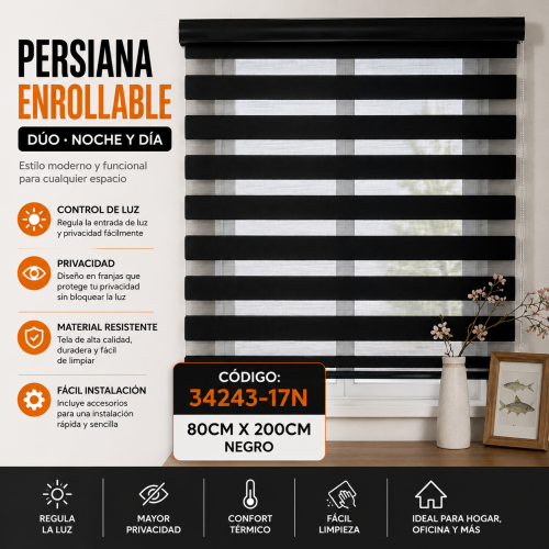 Persiana enrollable dúo noche y día código 34243-17N en color negro, medida 80 cm x 200 cm, con franjas alternadas para ventana. Venta por mayoreo Persiana enrollable dúo noche y día código 34243-17N en color negro, medida 80 cm x 200 cm, con franjas alternadas para ventana. Venta por mayoreo