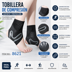 Tobillera de compresión modelo 8621 en color negro, con diseño ajustable y detalle antideslizante para soporte del tobillo. Venta por mayoreo