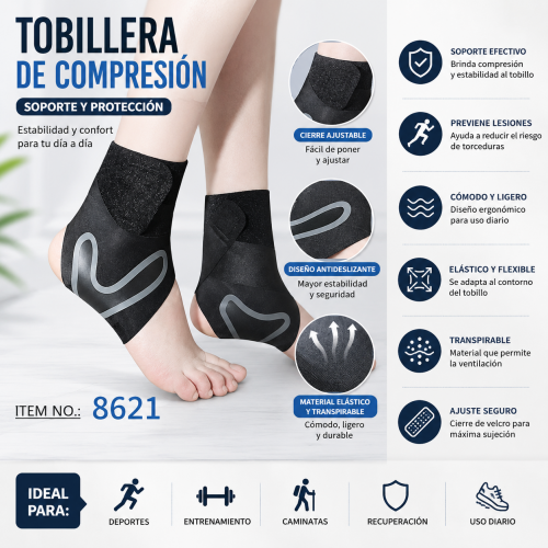 Tobillera de compresión modelo 8621 en color negro, con diseño ajustable y detalle antideslizante para soporte del tobillo. Venta por mayoreo