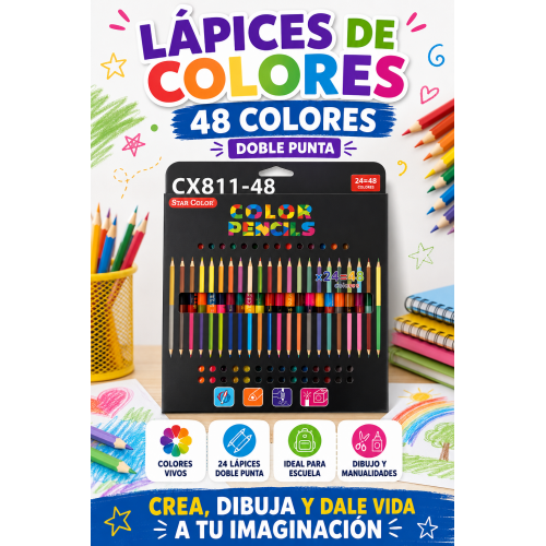 Juego de 24 lápices de doble punta, con un color diferente en cada extremo para disfrutar de 48 tonos en un práctico estuche. Juego de 24 lápices de doble punta, con un color diferente en cada extremo para disfrutar de 48 tonos en un práctico estuche.