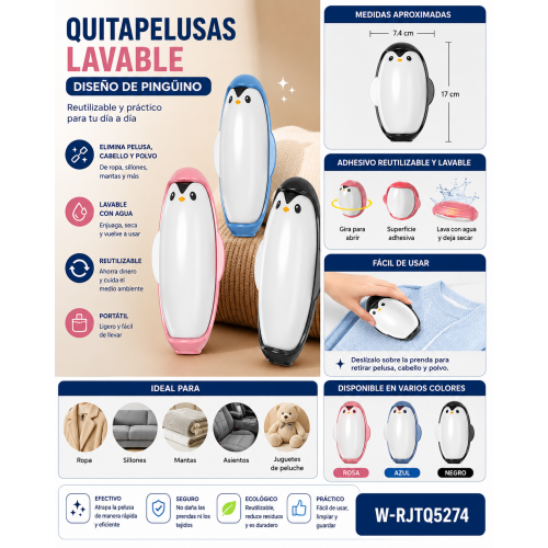 Quitapelusas manual con diseño de pingüino, reutilizable y lavable con agua. Ideal para retirar pelusa, cabello y polvo de prendas, sillones y otras superficies textiles. Quitapelusas manual con diseño de pingüino, reutilizable y lavable con agua. Ideal para retirar pelusa, cabello y polvo de prendas, sillones y otras superficies textiles.
