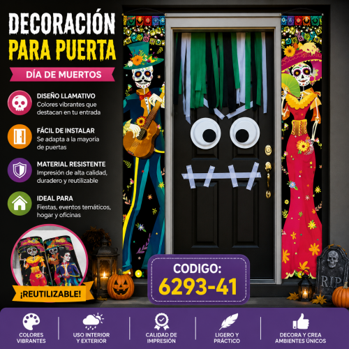 Decoración para puerta código 6293-41 con tiras colgantes y laterales de diseño Día de Muertos, ideal para entradas y eventos temáticos. Venta por mayoreo