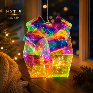 Adorno luminoso en forma de caja de regalo con moño transparente y luces LED multicolor. Ideal para decoración navideña, fiestas, aparadores y espacios interiores.