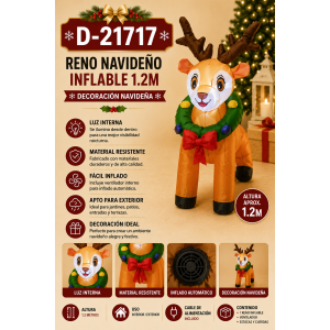 Decora tu hogar con este reno navideño inflable de 1.2 metros. Incluye luz interna, ventilador automático, cable, estacas y cuerdas para interior o exterior.