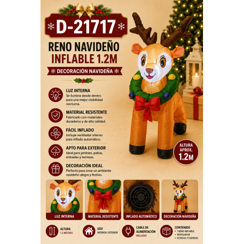 Decora tu hogar con este reno navideño inflable de 1.2 metros. Incluye luz interna, ventilador automático, cable, estacas y cuerdas para interior o exterior. Decora tu hogar con este reno navideño inflable de 1.2 metros. Incluye luz interna, ventilador automático, cable, estacas y cuerdas para interior o exterior.