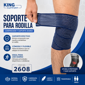 Soporte para rodilla modelo 2608 en color azul con líneas blancas, diseño elástico y ajuste tipo venda para compresión. Venta por mayoreo