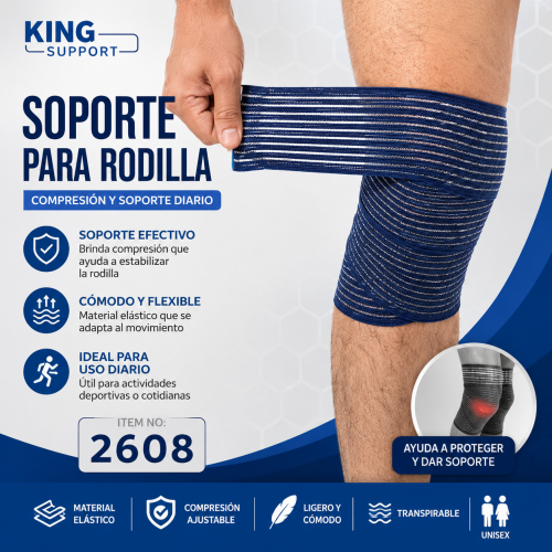 Soporte para rodilla modelo 2608 en color azul con líneas blancas, diseño elástico y ajuste tipo venda para compresión. Venta por mayoreo