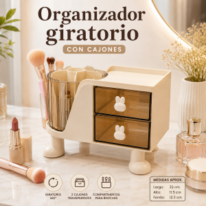 Organizador giratorio con 2 cajones y compartimentos para brochas y accesorios. Ideal para tocador y exhibición en tienda. Venta por mayoreo
