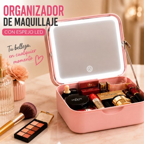 Cosmetiquera portátil con espejo iluminado con luz LED. Diseño moderno y compartimentos ajustables. Ideal para maquillaje o viaje. Venta por mayoreo