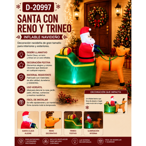Santa Claus con Reno y Trineo Inflable Navideño – D-20997