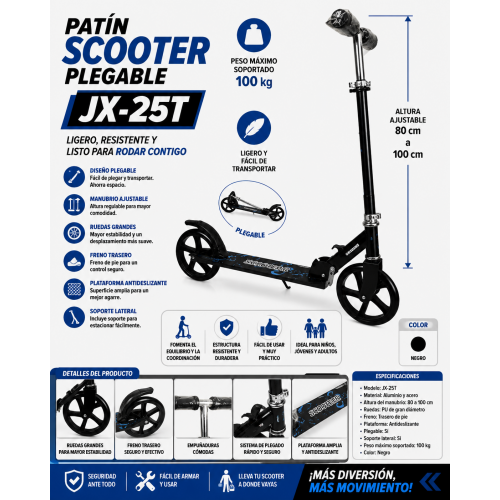 Patín Scooter Plegable JX-25T con Manubrio Ajustable y Ruedas Grandes