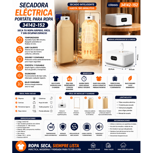 Secadora Eléctrica Portátil para Ropa con Temporizador Inteligente de 180 Minutos- Por mayoreo 