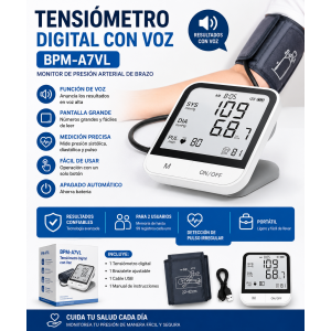 Tensiómetro digital BPM-A7VL con función de voz, pantalla amplia y brazalete ajustable. Mide presión arterial y pulso de forma práctica en casa.