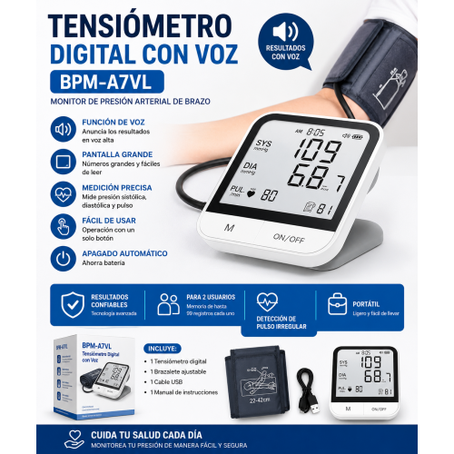 Tensiómetro digital BPM-A7VL con función de voz, pantalla amplia y brazalete ajustable. Mide presión arterial y pulso de forma práctica en casa.