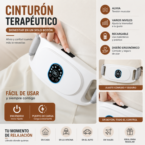 Disfruta de una agradable experiencia de relajación con este cinturón masajeador vibratorio recargable. Su diseño ergonómico se ajusta cómodamente a la cintura, abdomen. Disfruta de una agradable experiencia de relajación con este cinturón masajeador vibratorio recargable. Su diseño ergonómico se ajusta cómodamente a la cintura, abdomen.